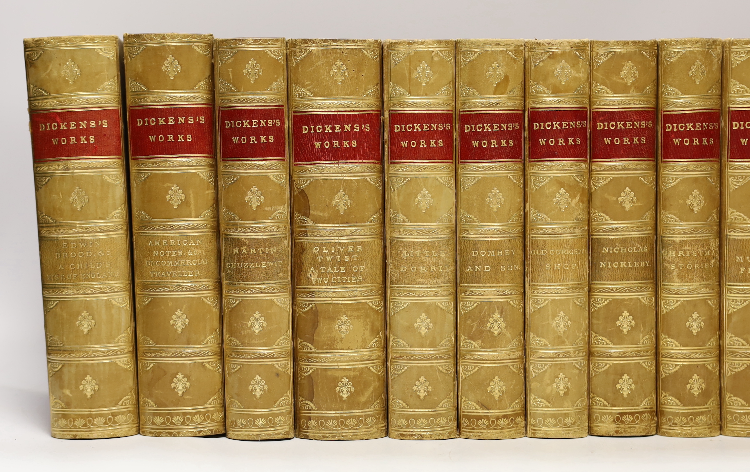 Dickens, Charles - (Collected Edition), 15 vols. (only, ex16). with the original illustrations; contemp. half calf and marbled boards, gilt decorated panelled spines with red labels, marbled edges and e/ps., cr. 8vo. Cha